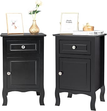 VERYKE Nightstand Set of 2 Small Bedside Table with Drawer and Cabinet Modern End Table Wood Sofa Side Table for Small Spaces, Living Room, Bedroom, Black