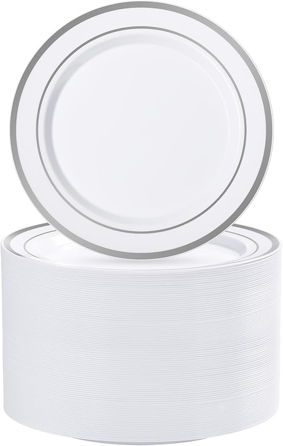 BESTVIP 100PCS 7 Inch Silver Plastic Dessert Plates, Disposable Plate | Plastic Plates with Silver Rim for Salad/Samll Cakes, Heavy Duty Plates for Party, Wedding and Birthday, Events