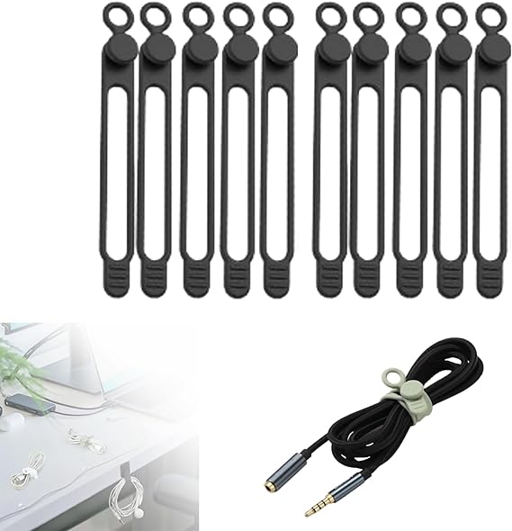 Silicone Cable Ties, 2026 New Data Cable Organizer Silicone Cable Ties Reusable Cable Management Organizer Multipurpose Cable Management for Travel/Portable/Office/Home Desk (Black, 10 Pcs)