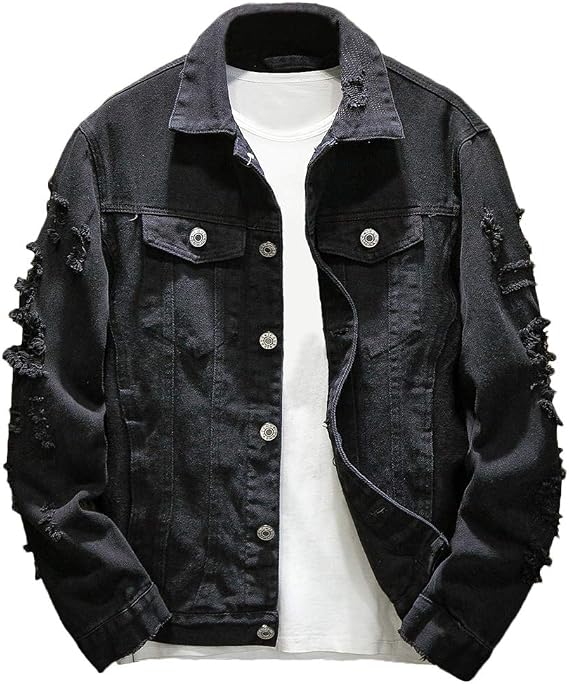 Rexcyril Men's Distressed Denim Jacket Ripped Holes Jeans Jacket