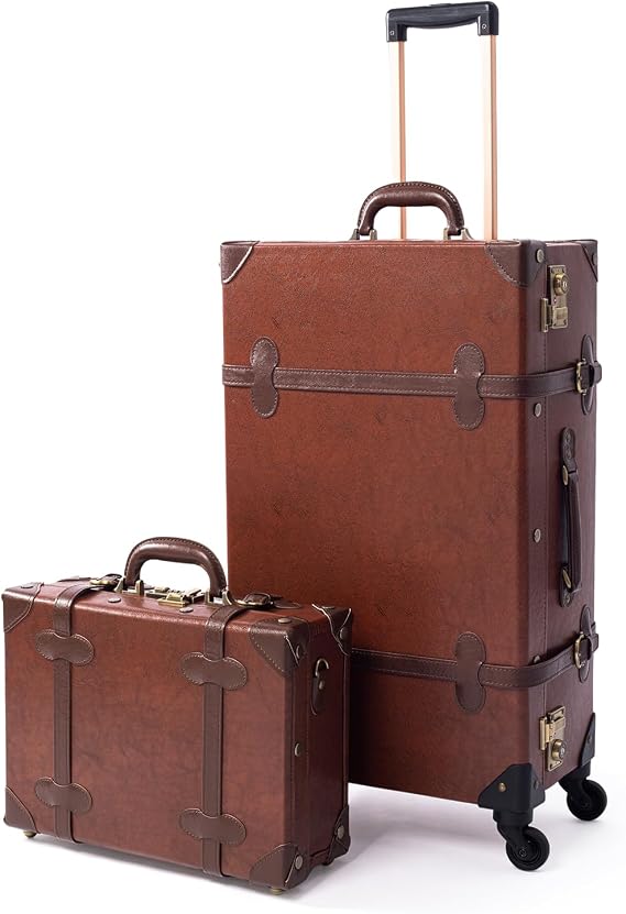 COTRUNKAGE 2 Piece Vintage Luggage Check-in Suitcase Sets for Travel with Spinner Wheels, Caramel Brown
