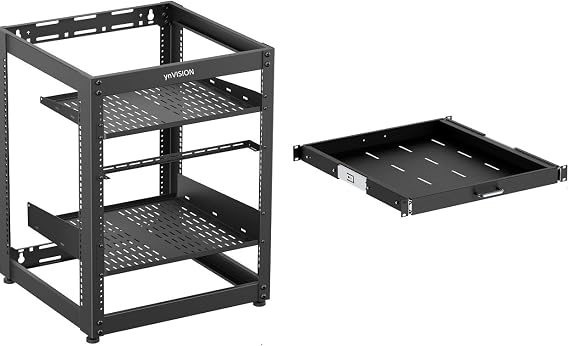 ynVISION.DESIGN 15U Open Frame AV Server Rack with Slide Out Shelf Bundle