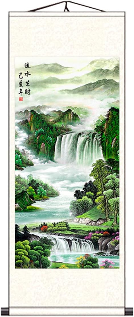 Zzooi Asian Oriental Landscape Mountain Waterfall Painting Wall Art Hanging Painting Scroll