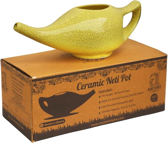 ANCIENT IMPEX Ceramic Neti Pot 250 Ml (Crackle Yellow) with 5 Sachets Neti Salt | Natural Remedy for Nasal Health, Congestion & Sinus Flush | Ayurvedic Nasal Rinse Pot