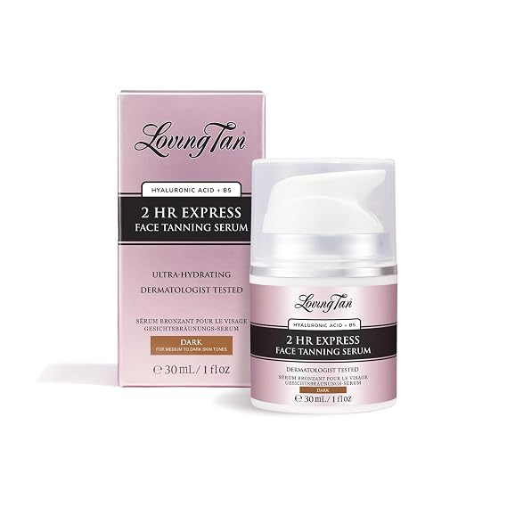 Loving Tan 2 HR Express Face Tanning Serum, Dark - Hydrating, Natural-Looking Glow Sunless Self Tanner, Dermatologist Tested, Naturally Derived DHA, Vegan & Cruelty-Free (1 Fl Oz) Packaging May Vary