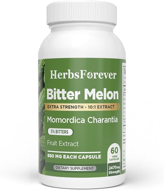HerbsForever Bittermelon/Gourd-Extra Strength(10:1)Extract,Equiv.to 4250mg Fruit Powder Per Serving-Sugar/Carb Control,Support Sweets Metabolism, Skin Health-Natural|5% Bitters|60Veg Capsules|880mg