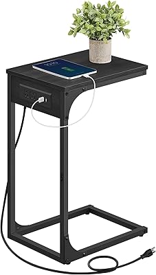 VASAGLE C-Shaped Side Table, End Table with Charging Station, C Table for Couch, Sofa, Adjustable Feet, for Bedroom, Living Room, 2 USB Ports and Outlets, Gray Oak ULET362G01