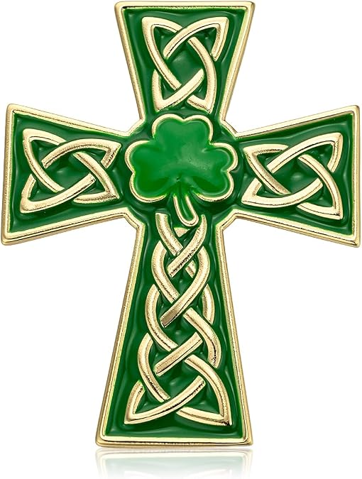 St. Patrick's Day Celtic Cross Brooch - Green Enamel & Gold Plated Irish Shamrock Lapel Pin, Traditional Celtic Knot Accessory for Parade, Party, Irish Heritage Gift