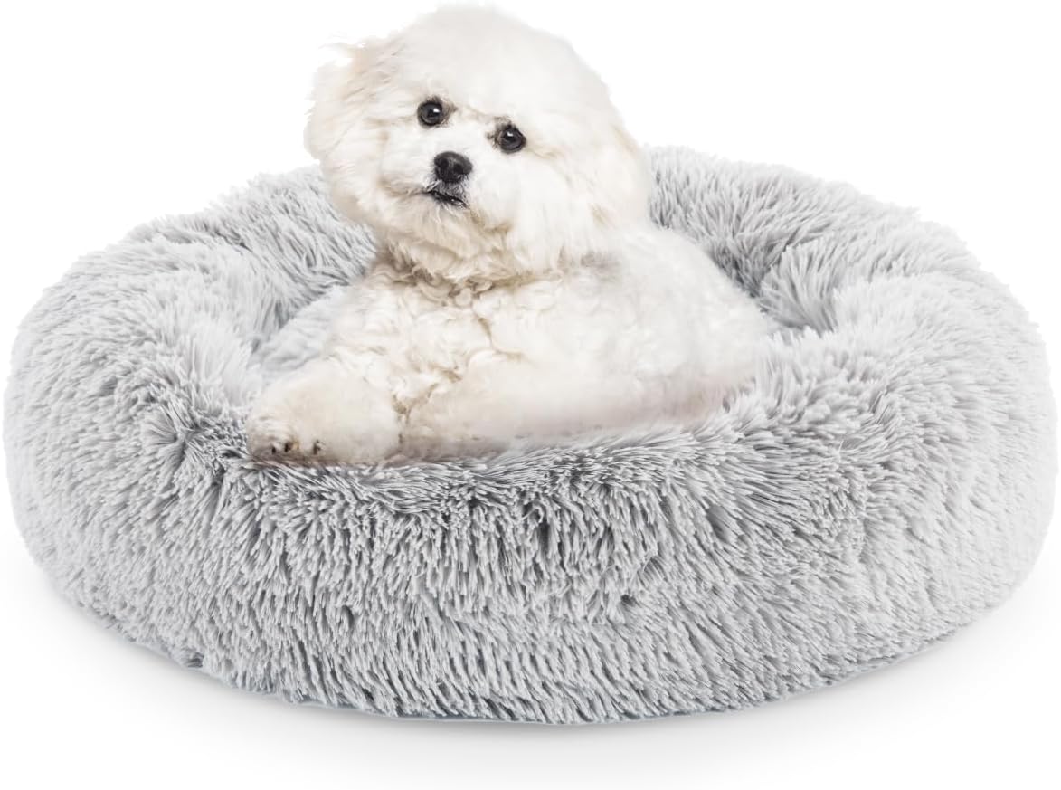 FluffyDream 24'' Dog Bed - Round Donut Washable Dog and Cat Bed in Shag Fur, Calming Dog Beds, Grey