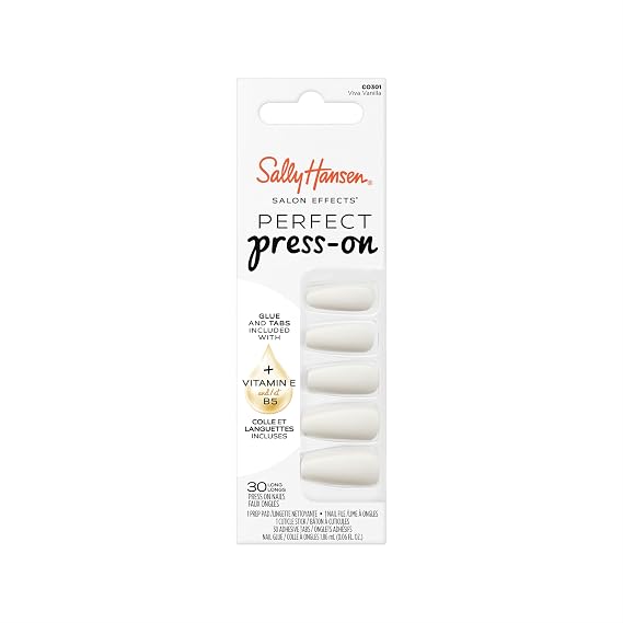 Sally Hansen Salon Effects Perfect Press-On Nails | Coffin Shape | Easy to Apply, Non-Damaging | 30 Nails, Nail Glue, Adhesive Tabs, File | Viva Vanilla