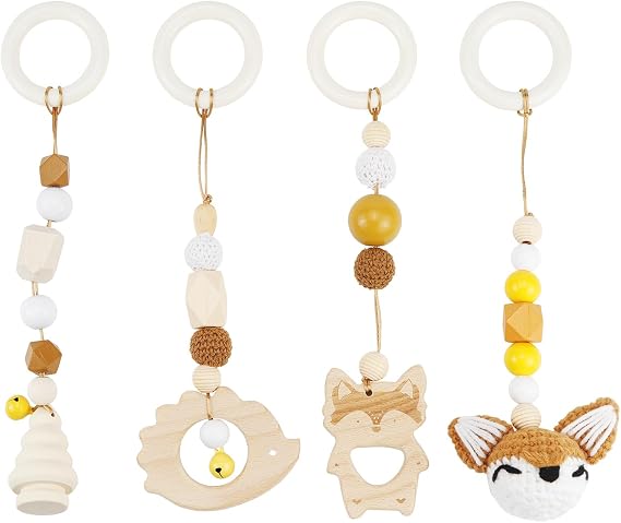 Play Arch Baby Toy from 0 Months 4 Pieces Play Arch Baby Toys Play Arches Baby Gym Pendant Wooden for Girls Boys Baby Toy for Baby Seat Pram Car Seat Toy (Brown)