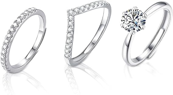 3Pcs Sterling Silver Rings for Women, Adjustable 925 Sterling Silver Rings Women, Stackable Ring with Small Diamond Line, V-Line and 1 Carat Diamond Ring, Elegant Jewellery Gifts for Womens