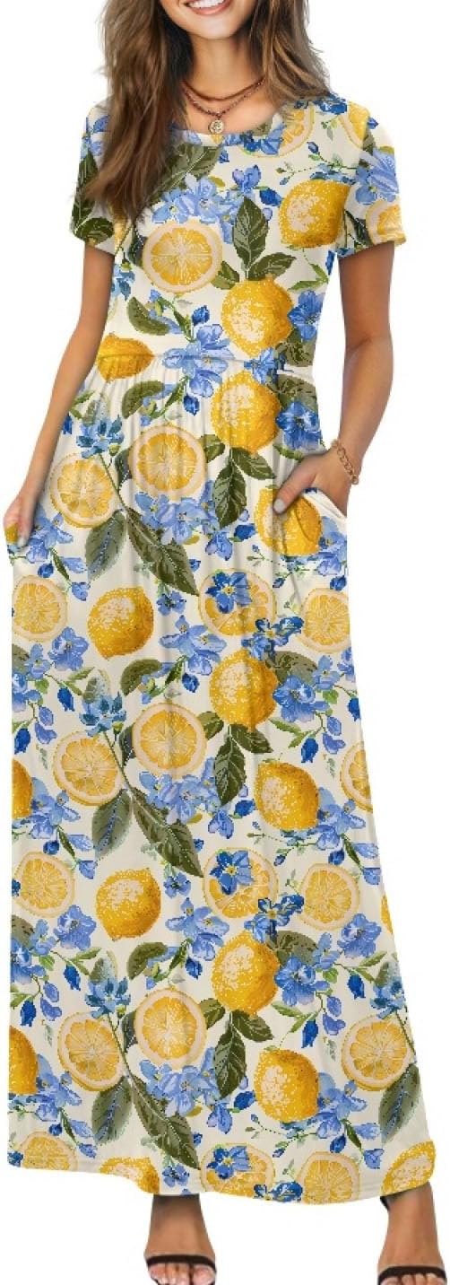 Women's Casual Loose Sundress Short Sleeve Tow Pockets Swing Dress