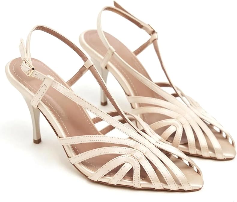 Slingback Kitten Heel for Women Caged High Heel Sandals Wedding Shoes