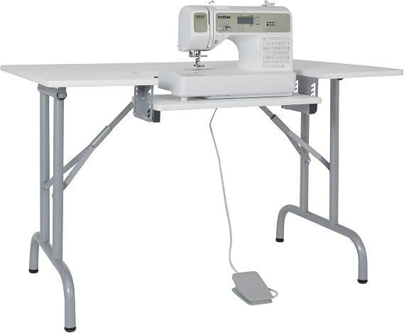 Sew Ready Folding Multipurpose Sewing Table - 47.5" W x 28" D Foldable White Hobby and Sewing Machine Table with Adjustable Shelf - Can Also Be Used as Computer Desk | Adjustable Drop-Down Platform, 6 Height Positions, Powder-Coated Steel Frame, Doubles as Computer or Office Desk for Craft
