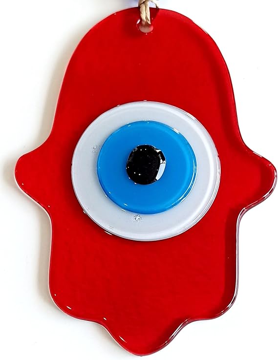 Mixperi Evil Eye Beaded Red Color Fatma Mother Fertility Hand Glass Wall Ornament