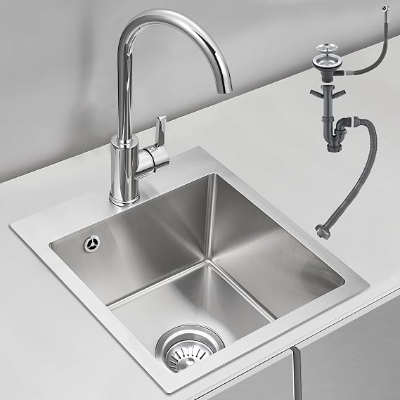 Rovogo Kitchen Sink 50 x 40 cm Brushed Stainless Steel 304 with Tap Hole 1 Bowl Spülbecken Küche mit Ablaufgarnitur und Überlauf-Set Einbauspüle Rechteckig Einbau Spüle Klein Edelstahlspüle für Küche