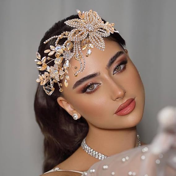 Bride Headband, Wedding Hair Pieces for Brides(Champagne) | Rhinestone Hair Accessories for Women, Exquisite Headwear Suitable for Weddings, Parties, Dances and Other Occasions