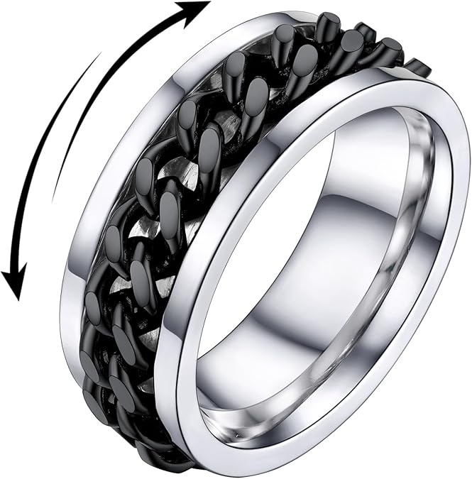 U7 Stainless Steel Mens Rings,7mm Gold/Black/Silver Chain Rings Fidget Spinner Ring Anxiety Ring for Men Women,Size 6-14