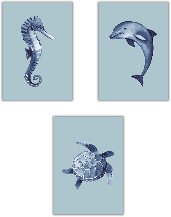 Sea Animals Wall Art Set of 3 - 8x10 inch Bathroom Ocean Creatures Prints - Seahorse, Dolphin & Turtle Artwork - Unframed Coastal Bathroom Decor - Marine Life Pictures - Nautical Beach House Decoration