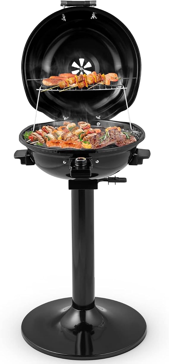 HAPPYGRILL 1600W Electric Grill Outdoor with Removable Non-Stick Grill Rack | Portable BBQ Grill with Warming Tray, Adjustable Temperature& Oil Drip Tray for Patio, Camping, Picnic, Black