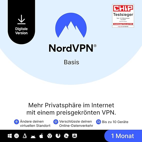 NordVPN Basis 10 Geräte 1 Monat Premium-VPN-Software Digitaler Code