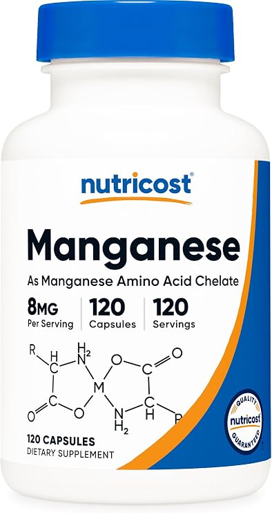 Nutricost Chelated Manganese Supplement 8mg, Amino Acid Chelate, 120 Caps | 120 Servings, Gluten-Free, GMO-Free, Vegetarian Friendly