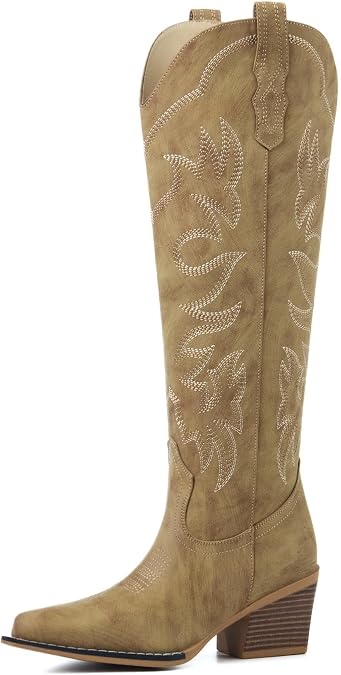Cowboy Boots for Women Knee High Pointed Toe Chunky Heel | Knee High Cowgirl Boots, Fashion Retro Classic western embroidery, Pull On,for Concerts Rodeo Party Event