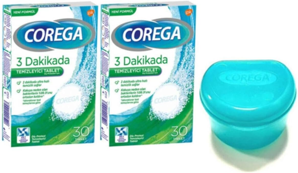 Corega Beyazlatıcı Tablet 30'lu x 2 Kutu, Protez Diş Temizleyici, Mavi Saklama Kabı
