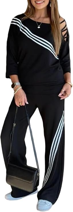Women's Ribbed Tracksuit Set Long Sleeve Round Neck Top with Wide Leg Athletic Pants Outfit Black L