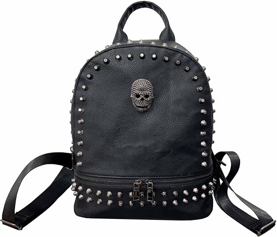 Women Black Studded Backpack Skull Punk Casual Daypack Gothic Rivet Shoulder Bag Backpack