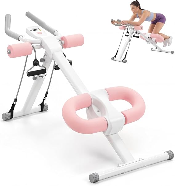 Centra Adjustable Ab Machine, Foldable Ab Trainer with Display, 440lbs Capacity, Pink & White Home Gym Abs Workout Equipment with Resistance Bands