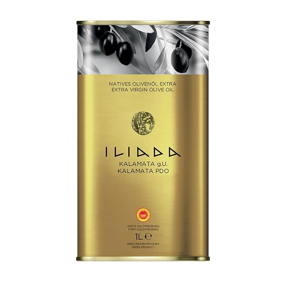 Iliada Kalamata PDO Extra Virgin Olive Oil, 1 Liter Tin | Multi-Awarded | Single Region 100% Greek | Monovarietal Koroneiki | Cold Press | Polyphenol Rich | Chef's Favorite
