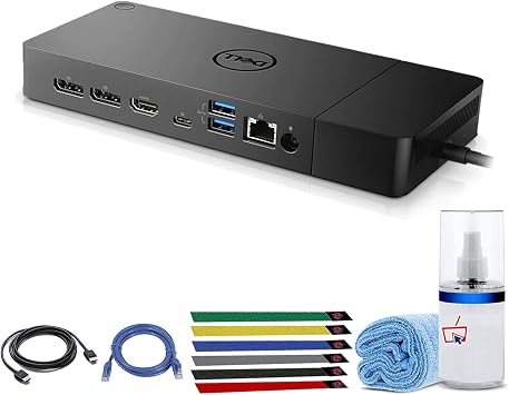 Dell WD19S 130W Computer Docking Station (USB, USB-C, DisplayPort, HDMI, Ethernet Ports) 1-Pack Bundle with LCD Cleaning Kit, Ethernet + HDMI Cable, and (6) Electronics Basket Cable Ties