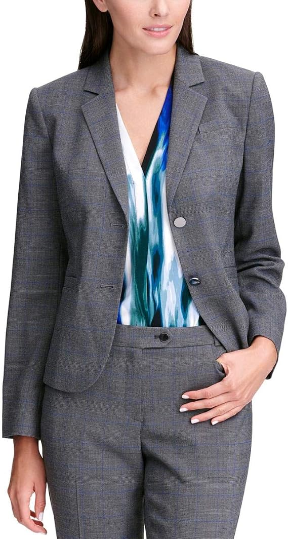 Calvin Klein Womens Plaid Office Wear Two-Button Blazer Gray 4