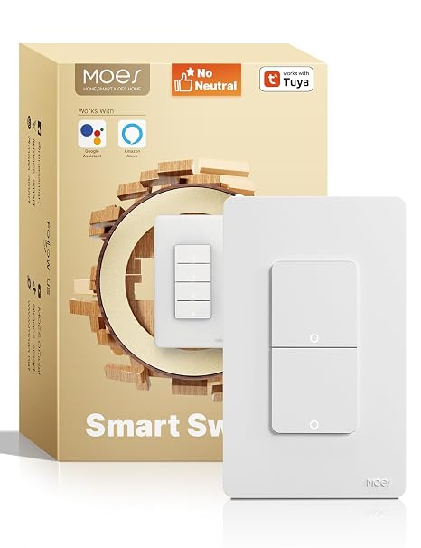 MOES WiFi Smart Double Light Switches, No Neutral, Require Capacitors | 2.4GHz 2 Gang Single Pole Switch, Work with Alexa Google Assistant