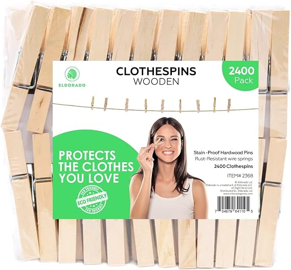 Eldorado Clothespins, Standard Ntural Wooden, Stain Proof, 3 inch, 2400 Value Pack, for Multipurpose Everyday Laundry, Clothes, Towels, Craft, Photos, Pictures, Decor, Baby Shower, Art Wall (2400)