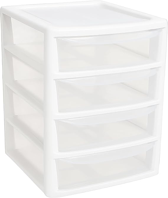 Plastic Storage Drawers Organizer tower unit | A4 Storage Drawers for Desktop Table Small | Chest of Drawer Bedroom Small Cosmetics Stationary Organizer (A4 4 Drawers White)