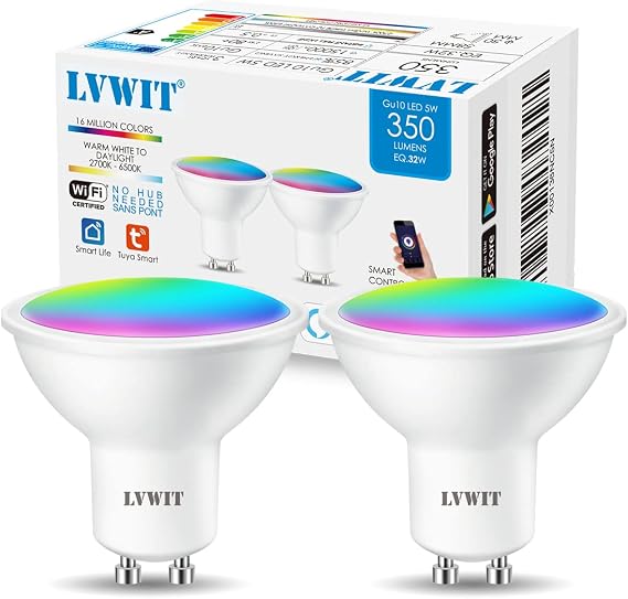 LVWIT GU10 Smart Bulbs,Alexa Light Bulb,RGB Colour WiFi Smart Light Bulbs,5W 350Lm,Dimmable Color Changing Light,Smart Home Life,Compatible with Alexa,Echo,Google Assistant(Pack of 2) [Energy Class G]