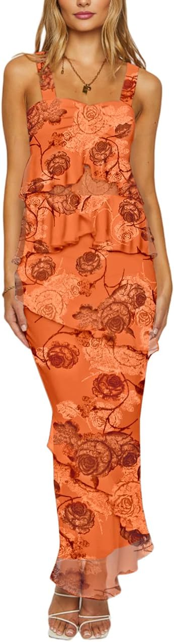 Lrady Women's Two Piece Skirt Sets Beach Formal Wedding Guest Sleeveless Peplum Ruffle Party Maxi Bodycon Dress Outfits