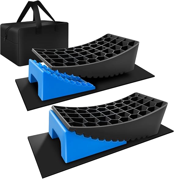 HOXWELL RV Leveling Blocks System, 2 Packs Camper Leveling Blocks System with 2 Chocks, Curved Trailer Leveling Blocks with Rubber Anti-Slip Mats and Carry Bag, 35000 G.V.W, Blue