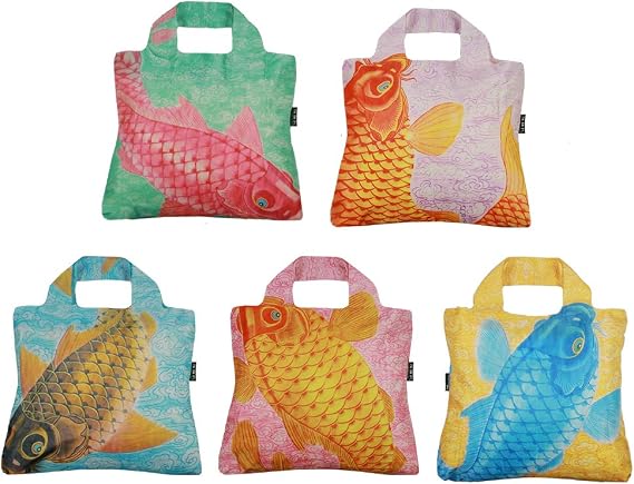 Envirosax Reusable Grocery Bags, Set of 5, Multicolored China Chic Chinese Carp Design, CF Series