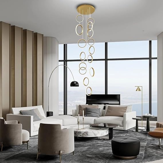 Modern LED Chandelier 15 Rings Black Dimmable Chandelier for High Ceilings with Remote Control Height Adjustable Hanging Ceiling Light for Staircase Living Room Foyer Pendant Light (Gold 8