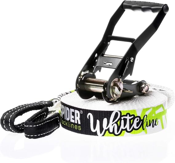 SKS01 - White Line Slackline Kit for Beginners - Contains a Ratchet and a 15 Meter Line Ensure Maximum Grip on the Webbing for First-Time Slackliners