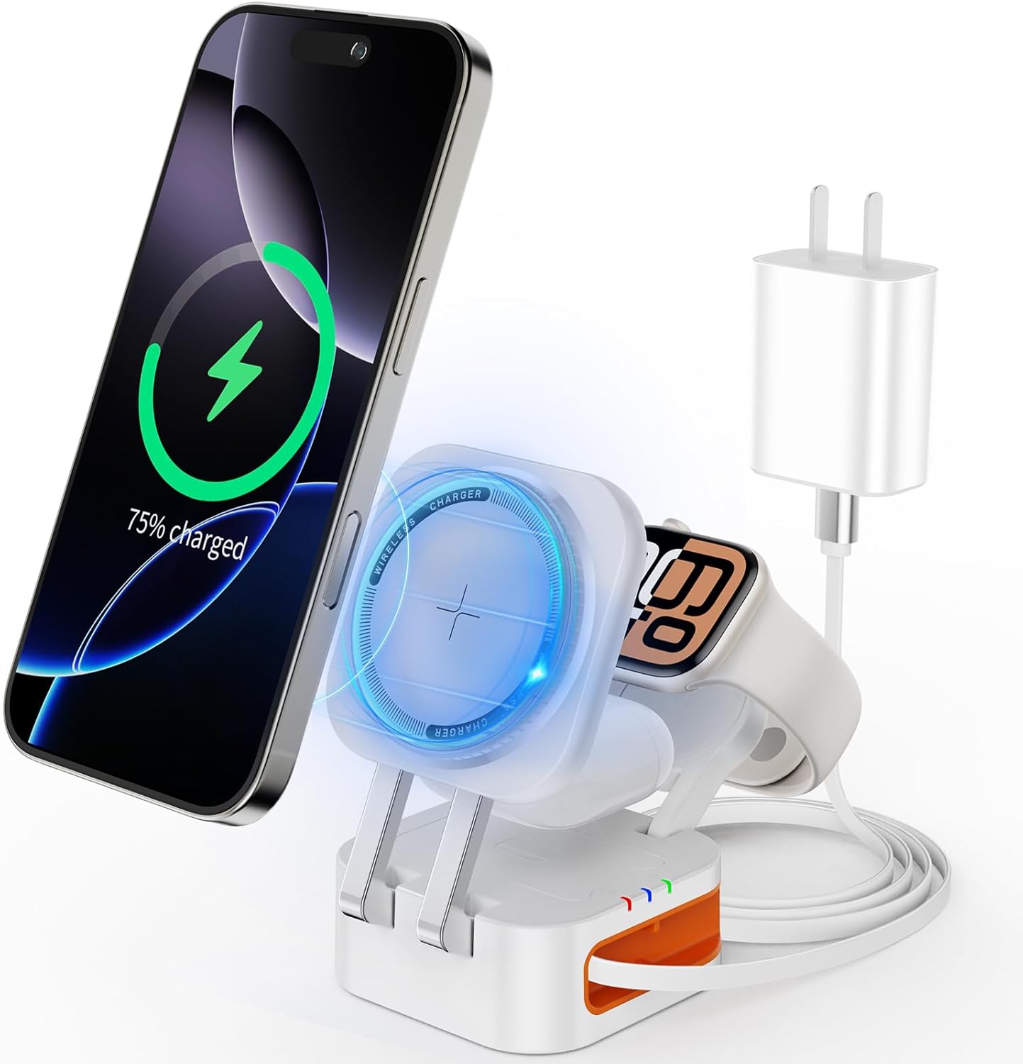 Magnetic Charger Compatible for Apple Device,3 in 1 Foldable Wireless Charger with Retractable Cable,Fast Charging Stand for iPhone 1716151413 Series,Air-Pods,iWatch Ultra111098White