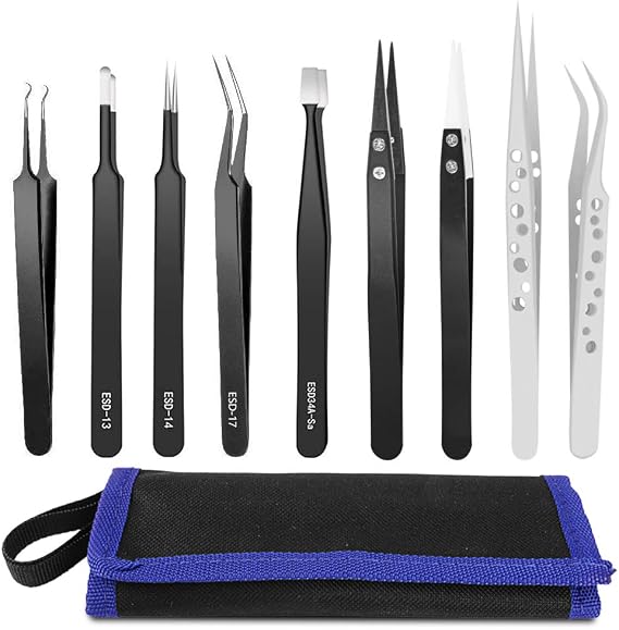 HANDSKIT Tweezer Set - Curved, Flat Head, Pointy Tweezers Kit for Craft, Jewelry, Electronics & Laboratory Work - 9 Pieces