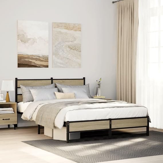 Metal Bed Frame with Sonoma Oak Finish 135x190 cm Double Size Robust Steel Construction Extra Underbed Storage and Supportive Headboard for Bedroom Use