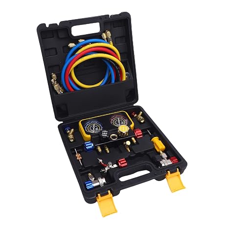 Kikumi HVAC Gauges with Hoses 4 Way Heavy Duty Brass Manifold Gauges Set Replacement for R410A R32 R134A R22 Refrigerants