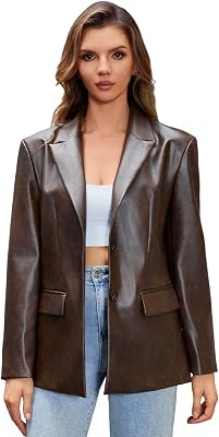 DIASHINY Womens Faux Leather Blazer Oversized Vintage Lapel Button Down Fashion Leather Jacket