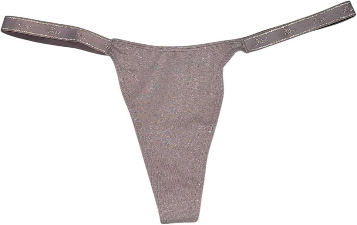 Victoria's Secret PINK Shimmer Thong Panty Logo Waistband Brown/Taupe/Gold Shimmer New